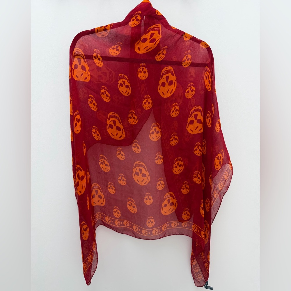 Authentic Alexander McQueen Red & Orange Skull Silk Chiffon Scarf Iconic Design - Picture 6 of 9